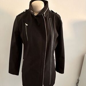 MICHAEL Michael Kors jacket black S multi zips hood assemetrical elegant.